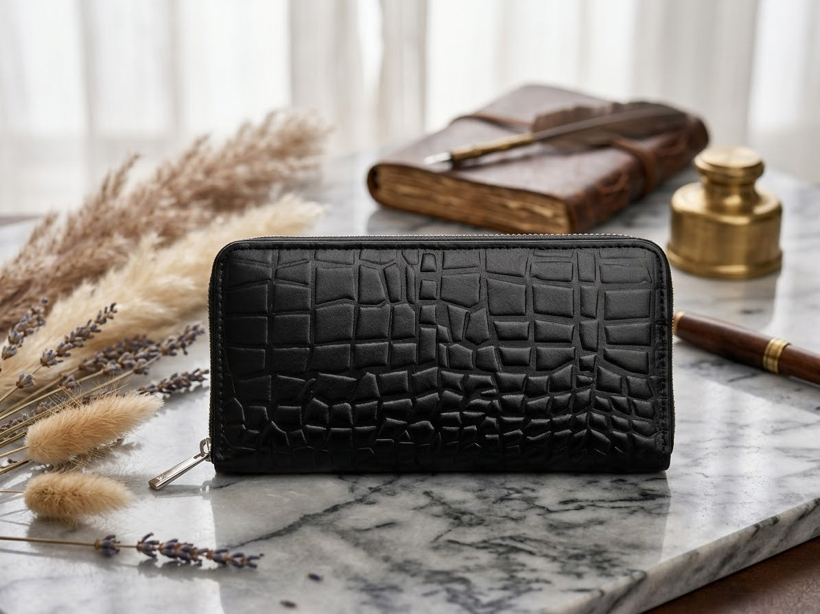 Women's Black Crocodile Textured Genuine Leather Zipper Wallet Pakistan