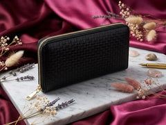 Women's Black Zipper Genuine Leather Woven Wallet Pakistan