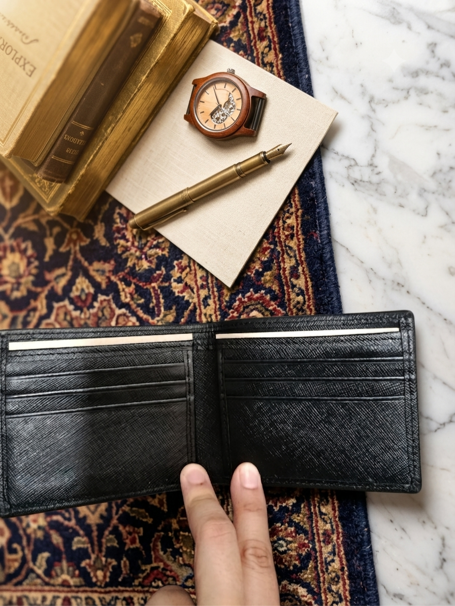 Inside of handmade leather wallet - multiple card slots and cash compartment