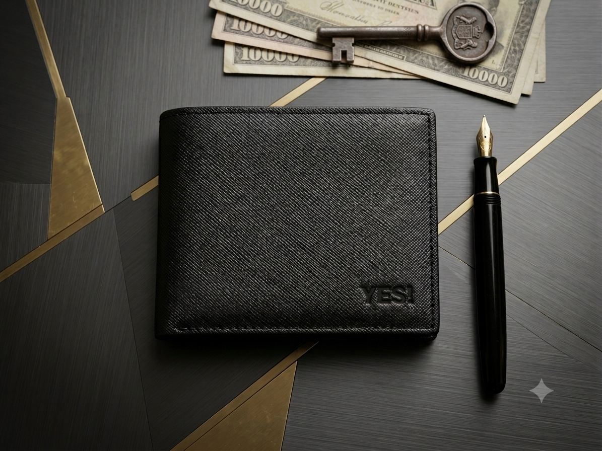Textured black genuine leather wallet for men - handmade in Pakistan