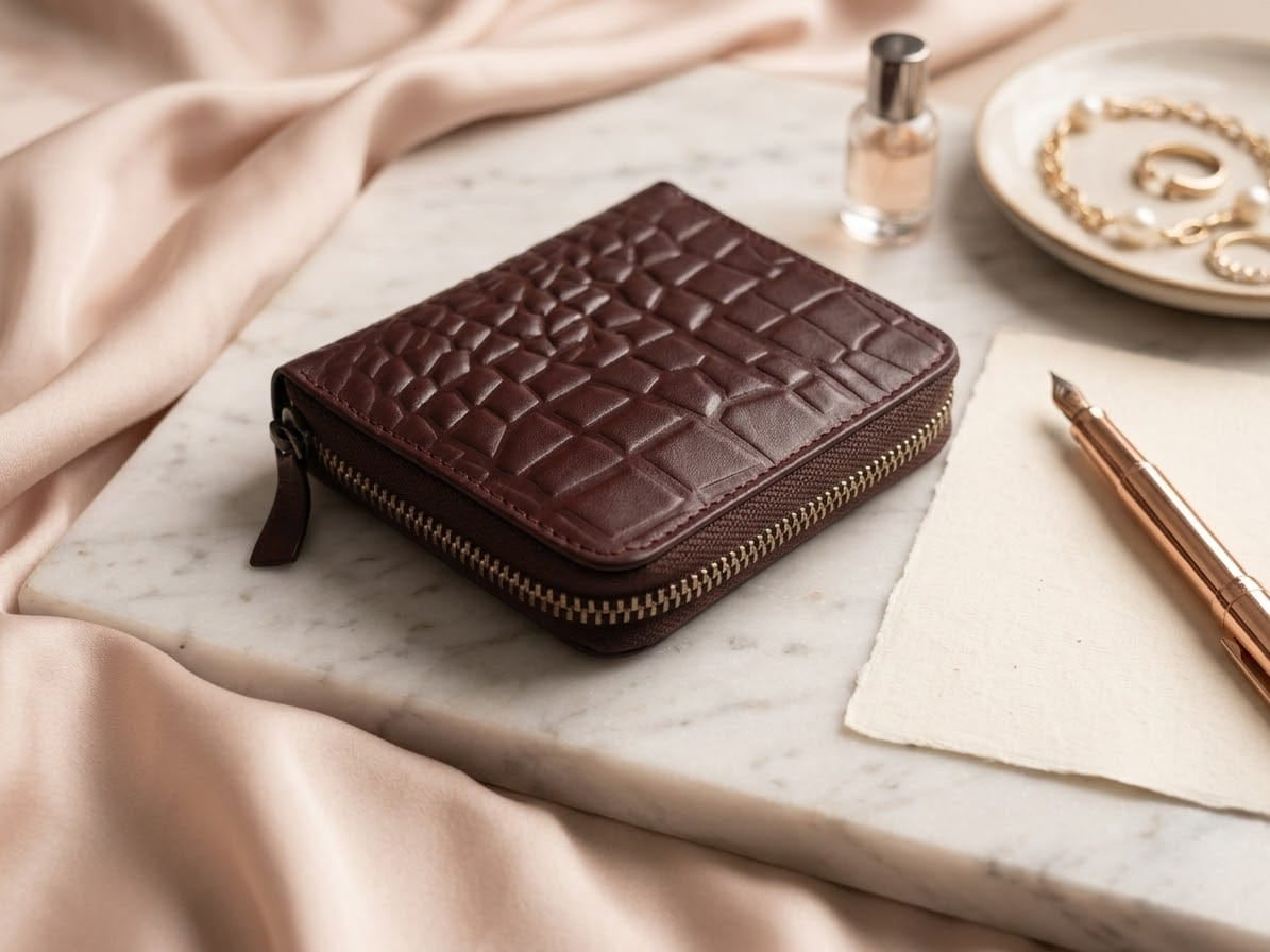 Women's Mehroon Crocodile Embossed Genuine Leather Zip Around Wallet Pakistan 