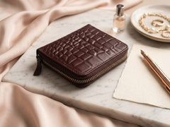 Women's Mehroon Crocodile Embossed Genuine Leather Zip Around Wallet Pakistan 