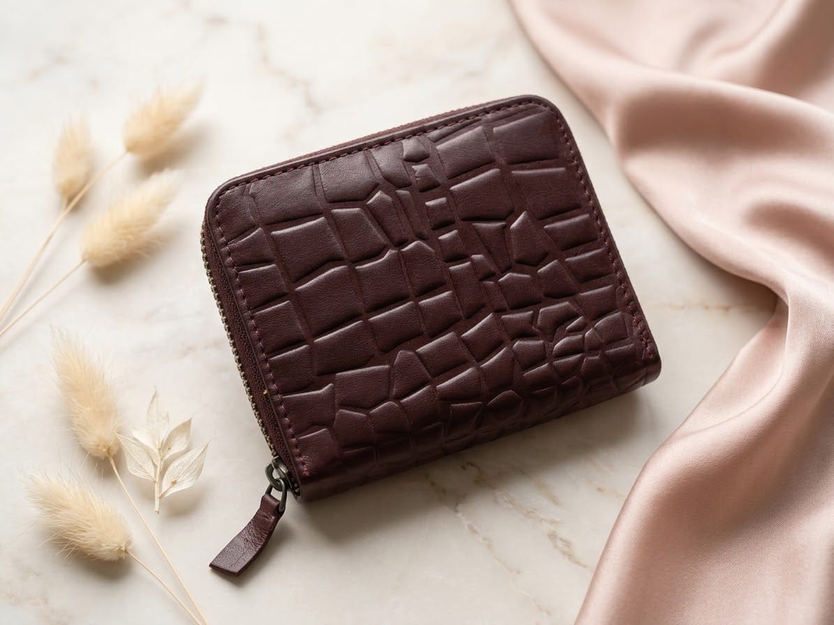 Women's Mehroon  crocodile-embossed leather zip-around Genuine Leather wallet Pakistan 