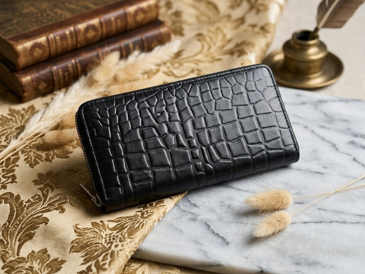 Women's Black Crocodile Textured Genuine Leather Zipper Wallet Pakistan