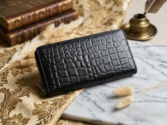 Women's Black Crocodile Textured Genuine Leather Zipper Wallet Pakistan